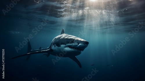 AI generated illustration of A great white shark swimming underwater