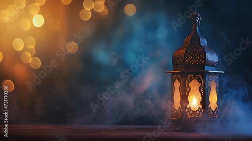 Ramadan Kareem greeting card design. Arabic Lantern glowing at night on table with smoke.