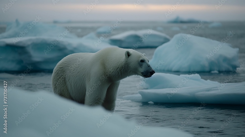 AI generated illustration of A majestic polar bear stands on a frozen water