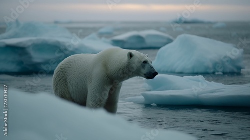 AI generated illustration of A majestic polar bear stands on a frozen water