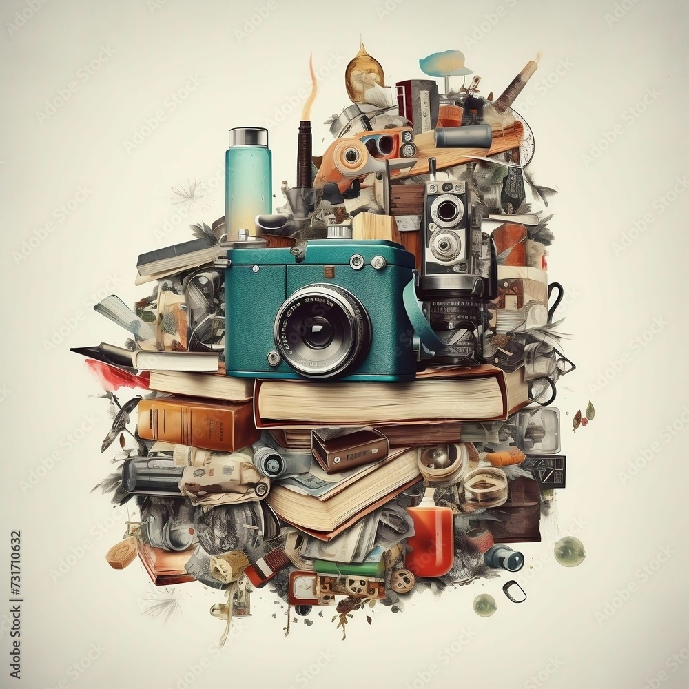 Fototapeta premium AI generated illustration of a vintage camera in the center of a pile of miscellaneous items