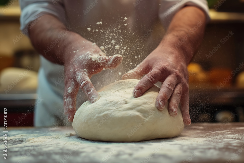 Close-up shots of hands kneading pizza dough with artistic flour patterns, showcasing the craftsmanship involved in the pizza-making process