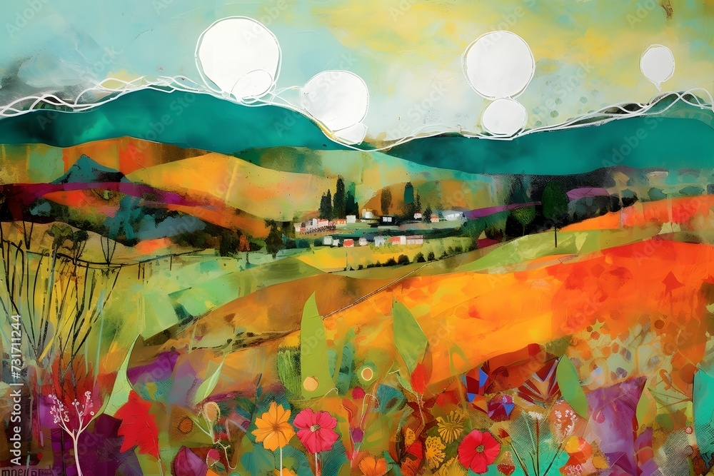 An AI generated illustration of an abstract painting of a beautiful colorful natural landscpae An AI generated illustration of an abstract painting of a beautiful colorful natural landscpae