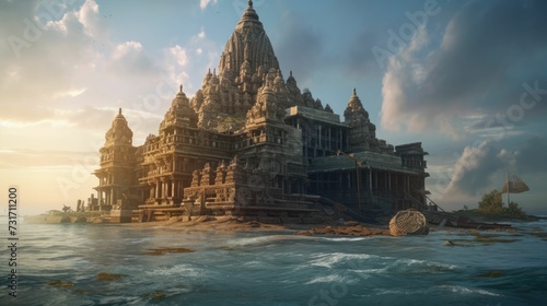 Stunning Hindu temple situated in the middle of the water. AI-generated. photo