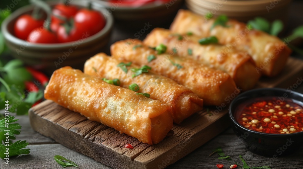 chinese spring rolls on a cutting board with side dishes in small bowls chinese spring rolls on a cutting board with side dishes in small bowls