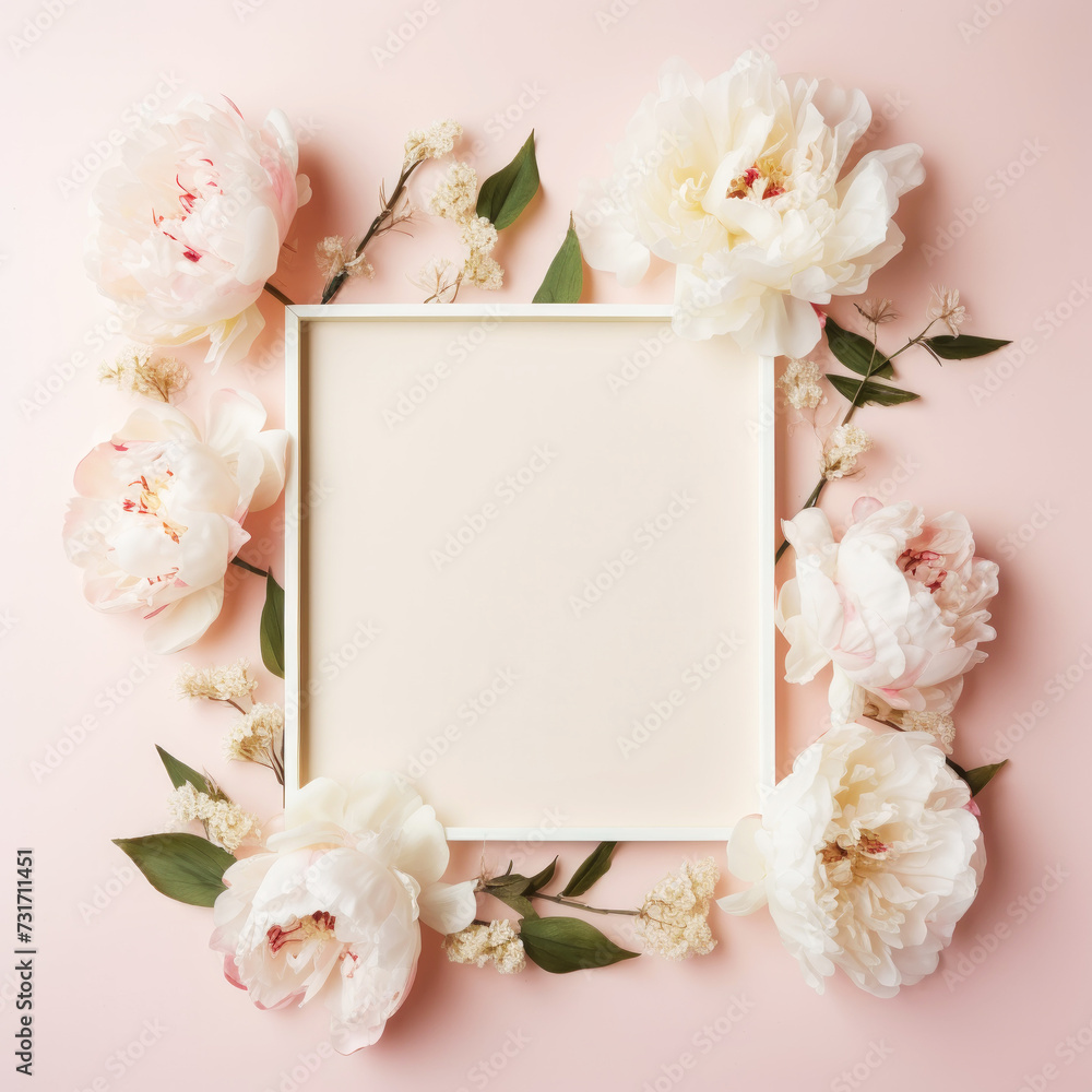 Aesthetic frame mockup decorated with tender light peonies. Invitation or greeting concept Layout. Generative AI