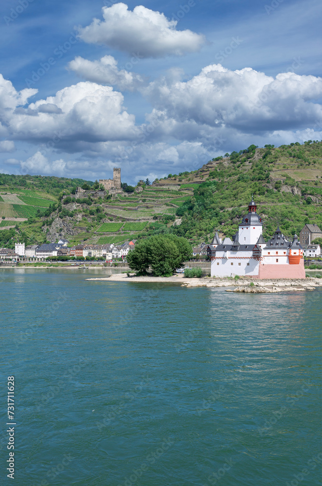 famous Village of Kaub with Gutenfels Castle and Pfalzgrafenstein Castle on Island in Rhine River,Germany