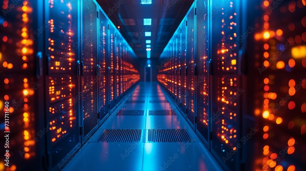 a long hallway with colorful lights between two rows of computer servers a long hallway with colorful lights between two rows of computer servers