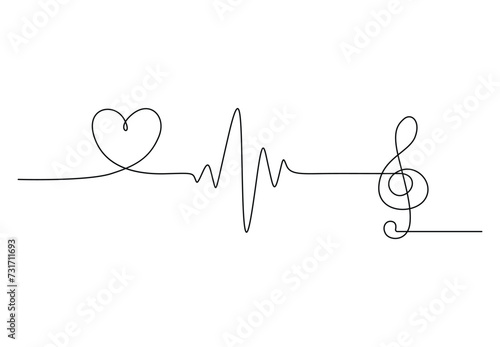 Continuous one line drawing of love with music symbol. Isolated on white background vector illustration.. Free vector