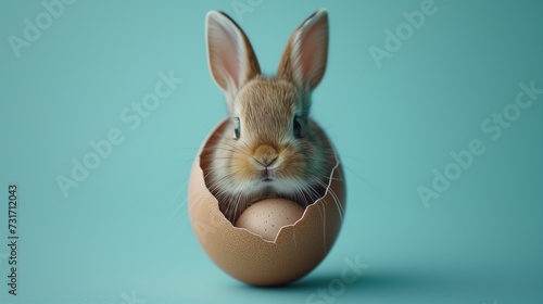 an easter rabbit sitting in a broken egg on a turquoise background