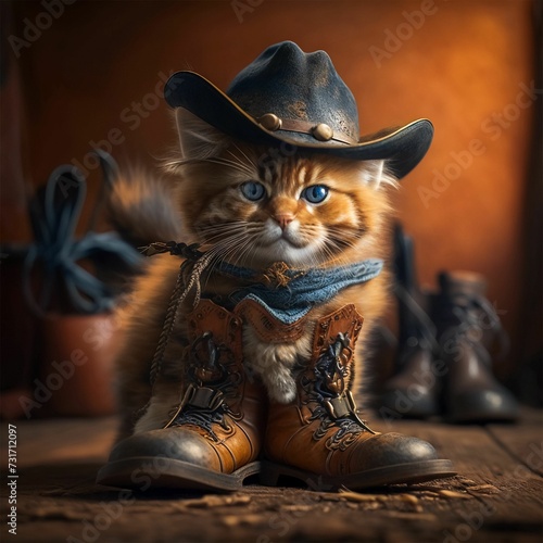 AI generated illustration of a cute ginger cat sitting in boots wearing a Western-style hat