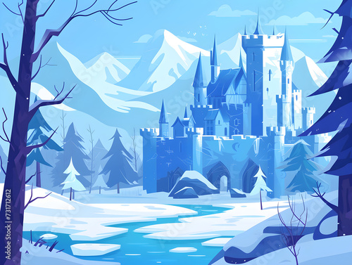 Enchanting Winter Fairy-Tale Castle with Blue Rooftops Amid Snowy Landscape - Concept of Fantasy World, Tranquility in Nature, and Magical Winter Wonder