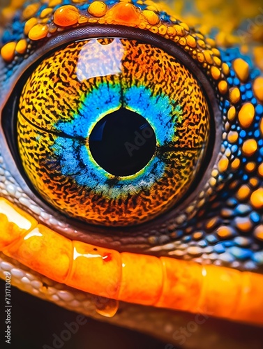 AI-generated illustration of brightly-colored eye of Chameleons under the light