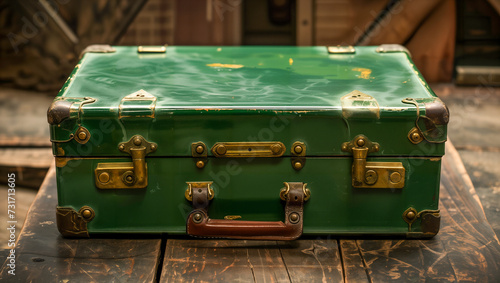 An old vintage-style travel suitcase with a shabby green appearance and brass fittings on wooden floor photo