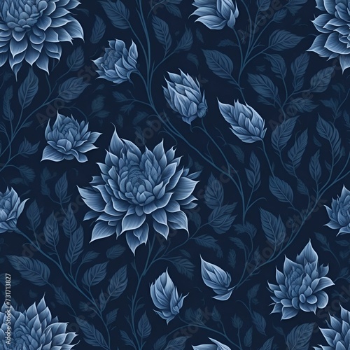 AI generated illustration of a blue background with detailed floral and foliage illustrations