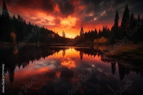 AI-generated illustration of a tranquil lake and tree silhouettes at vibrant sunset.