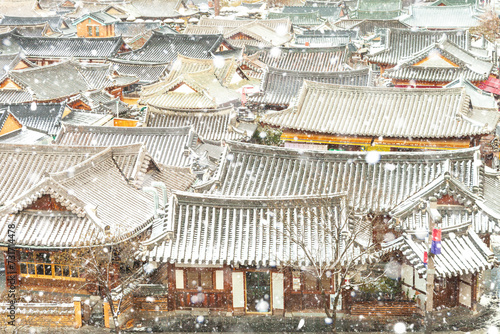 High angle view of snow covered tile house at Jeonju Hanok Village