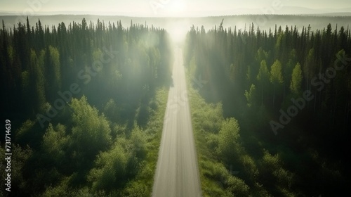 AI generated illustration of a winding, tree-lined road stretching out across a rural forest