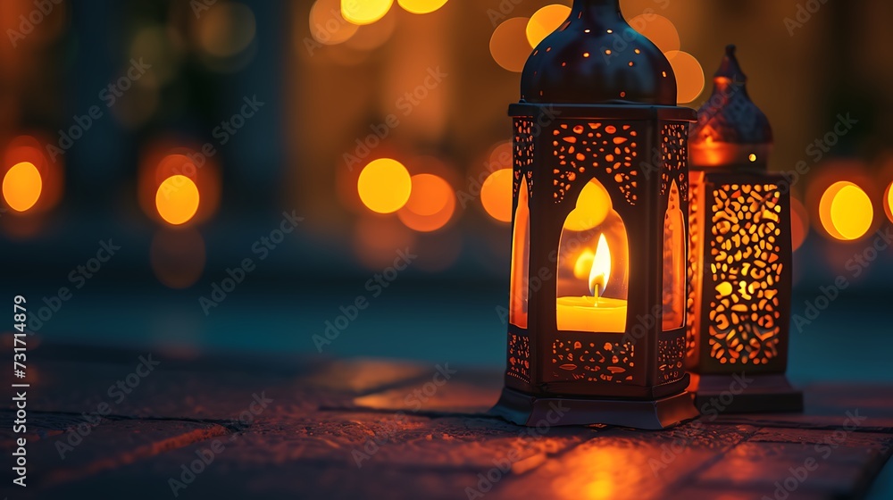 Traditional Arabic lantern lit up for celebrating holy month of Ramadan. Bokeh lights surrounding Ramadan concept Traditional Arabic lantern lit up for celebrating holy month of Ramadan. Bokeh lights surrounding Ramadan concept
