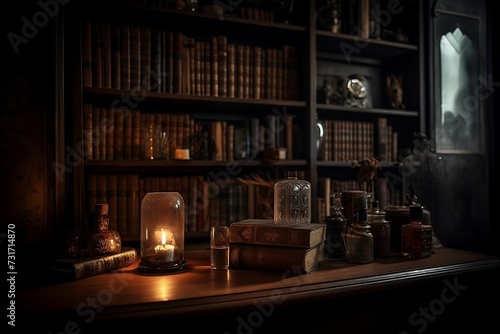 AI generated illustration of A wooden table with several books, illuminated by a candle photo