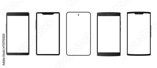白い画面のスマートフォンの枠フレーム、いろいろな形の携帯電話機種のコレクション、スマホのラインナップ、透明な背景のベクターイラスト素材
