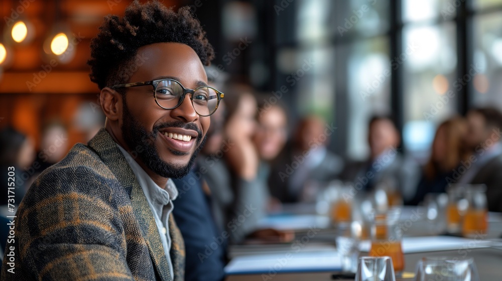 AI generated illustration of a smiling African American man during an inclusive corporate meeting AI generated illustration of a smiling African American man during an inclusive corporate meeting