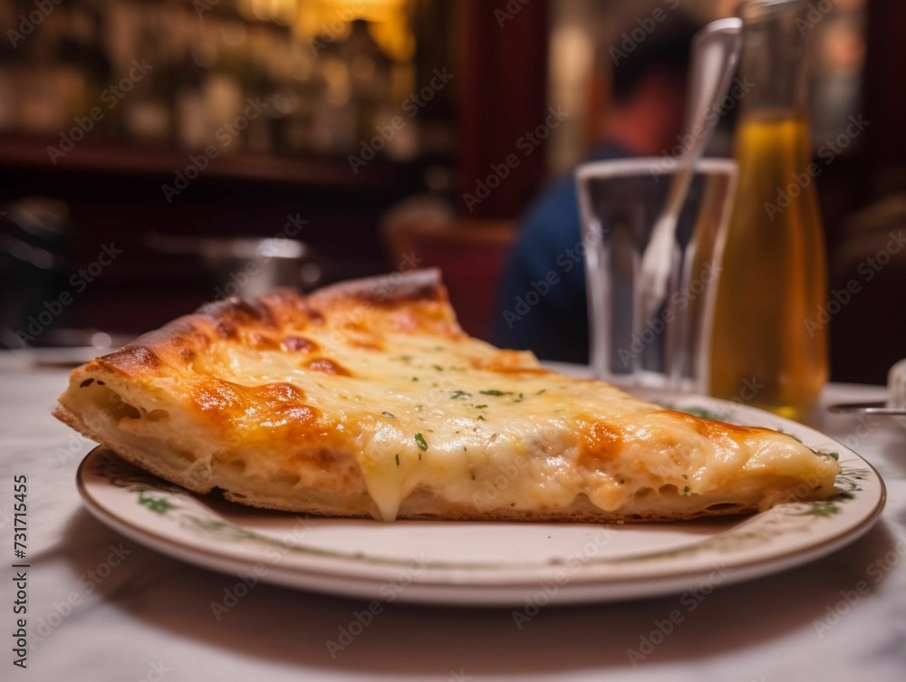 AI generated illustration of a freshly prepared slice of Italian-style cheese pizza on a plate AI generated illustration of a freshly prepared slice of Italian-style cheese pizza on a plate