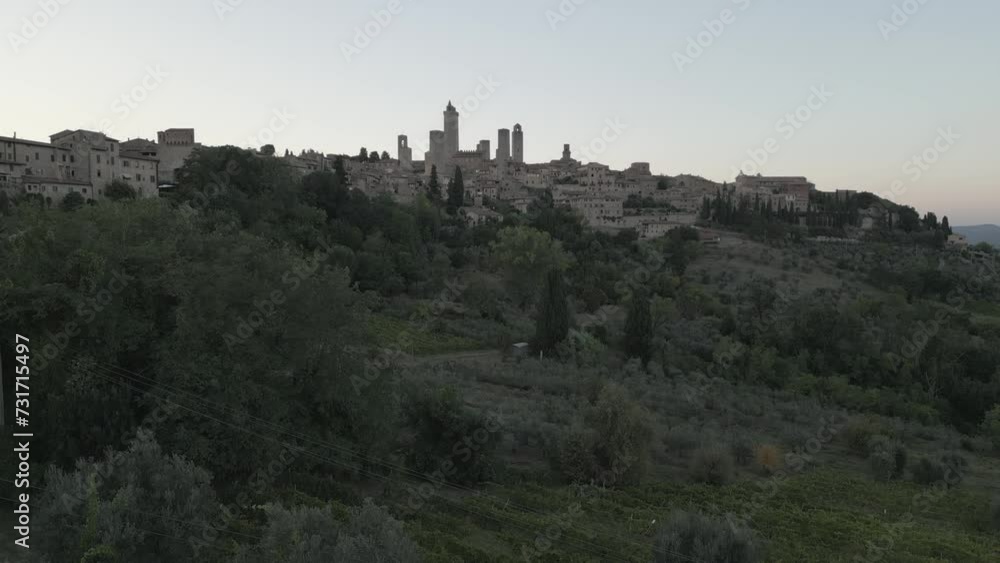 Aerial shot of San Gimignano skyline at sunset, San Gimignano, Province of Siena, Tuscany Aerial shot of San Gimignano skyline at sunset, San Gimignano, Province of Siena, Tuscany