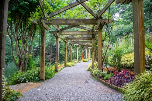 Принти на полотні Scenic pathway lined with wooden trellises surrounded by lush green vegetation