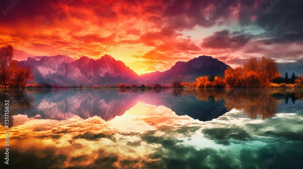 AI-generated illustration of a stunning sunset over an expansive mountain range and tranquil lake.