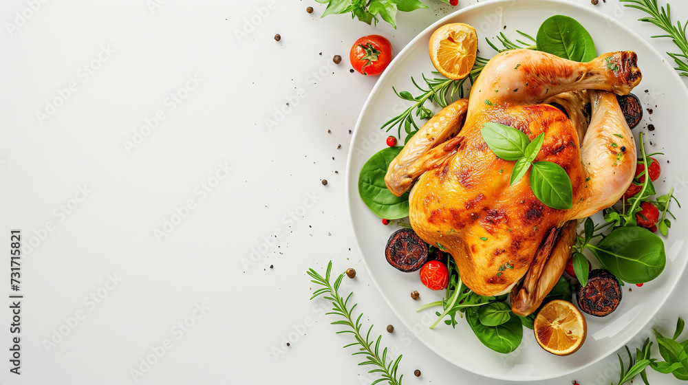 Baked chicken with spices on a white wooden background. The traditional dish for Thanksgiving. Top view. Free copy space. Baked chicken with spices on a white wooden background. The traditional dish for Thanksgiving. Top view. Free copy space.