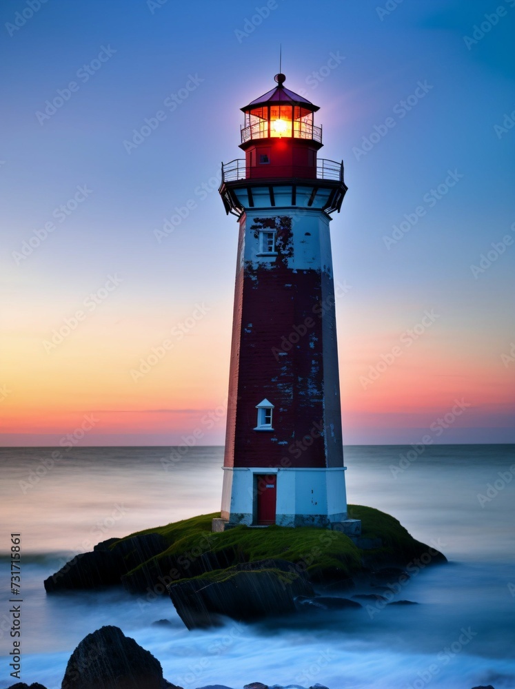 AI generated illustration of a lighthouse tower standing tall at the shoreline