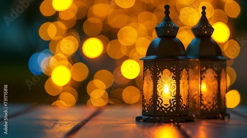 Traditional Arabic lantern lit up for celebrating holy month of Ramadan. Bokeh lights surrounding Ramadan concept © Uzair