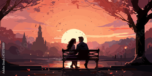 Couple sweet kissing siting on bench in park romantic scenery pastel vector illustration in concepts cute kawaii anime manga style