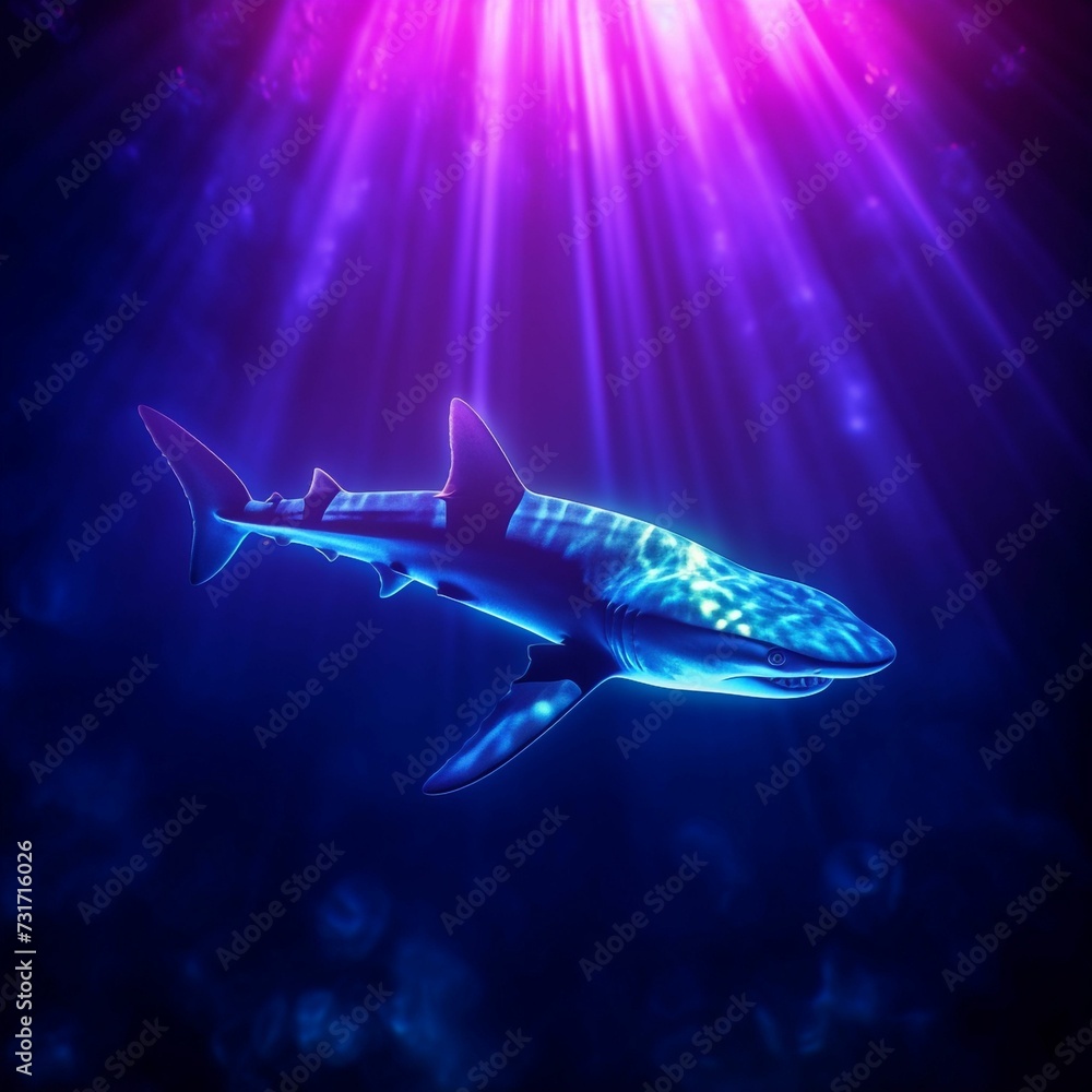 AI generated illustration of a majestic shark swimming in a tranquil blue ocean AI generated illustration of a majestic shark swimming in a tranquil blue ocean