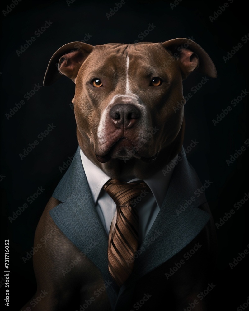 AI generated illustration of a brown pitbull dog wearing a stylish suit and tie