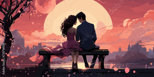 Couple sweet kissing siting on bench in park romantic scenery pastel vector illustration in concepts cute kawaii anime manga style