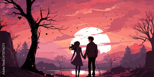 Couple sweet kissing siting on bench in park romantic scenery pastel vector illustration in concepts cute kawaii anime manga style