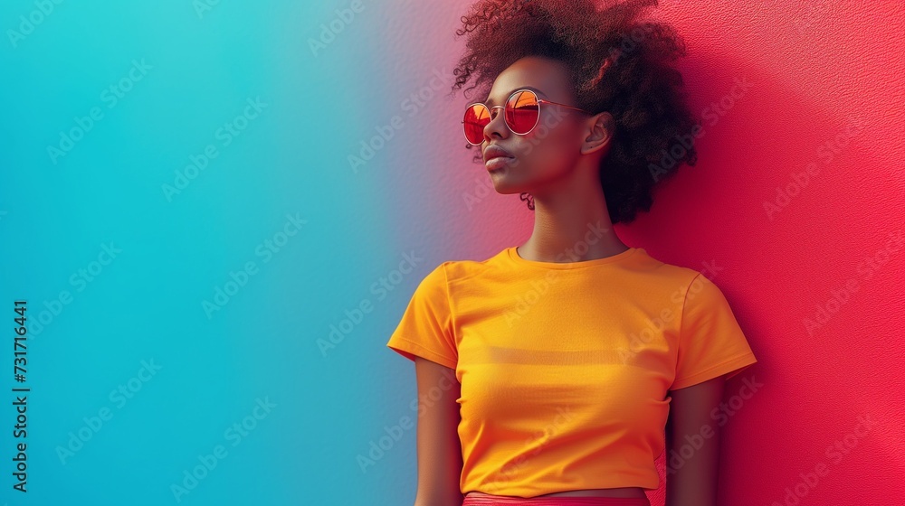 woman wearing bright glasses in front of a red wall and pink wall - obrazy, fototapety, plakaty 