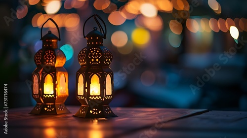 Traditional Arabic lantern lit up for celebrating holy month of Ramadan. Bokeh lights surrounding Ramadan concept