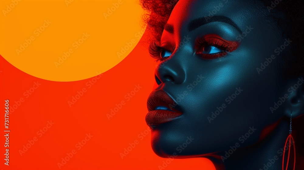 woman with afro hair and large gold earrings in front of an orange sun woman with afro hair and large gold earrings in front of an orange sun