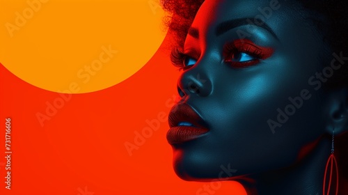 woman with afro hair and large gold earrings in front of an orange sun