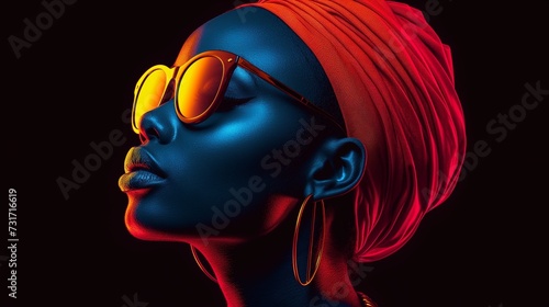 woman with neons on face in a blue background wearing gold earrings