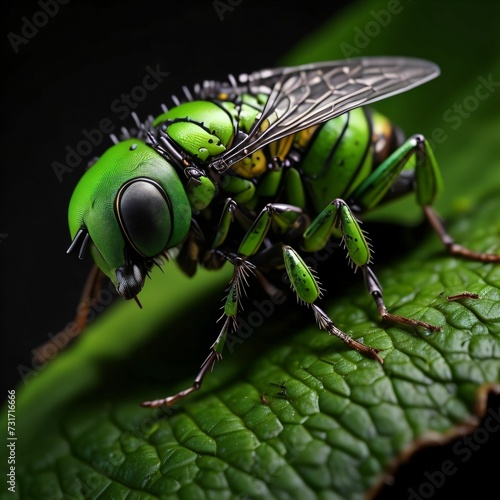 AI generated illustration of a small bright green fly perched on a vibrant and lush green leaf © Wirestock