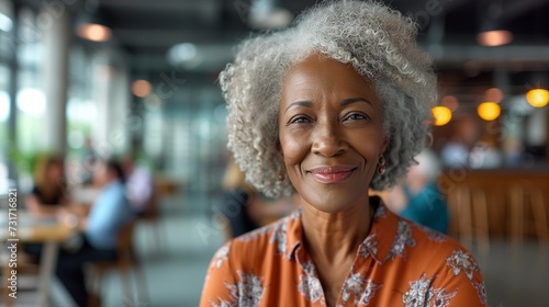 a smiling woman is sitting at a restaurant table in an orange blouse
