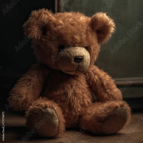 AI-generated illustration of a cute brown teddy bear sitting in the corner of the room. © Wirestock