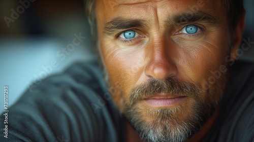 a man with blue eyes sitting and looking forward to camera