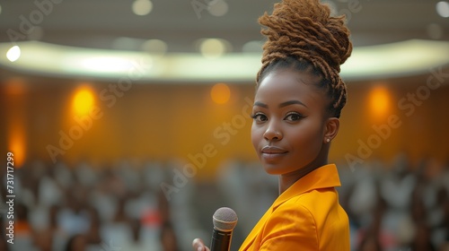 a woman standing holding a microphone with other people in the background