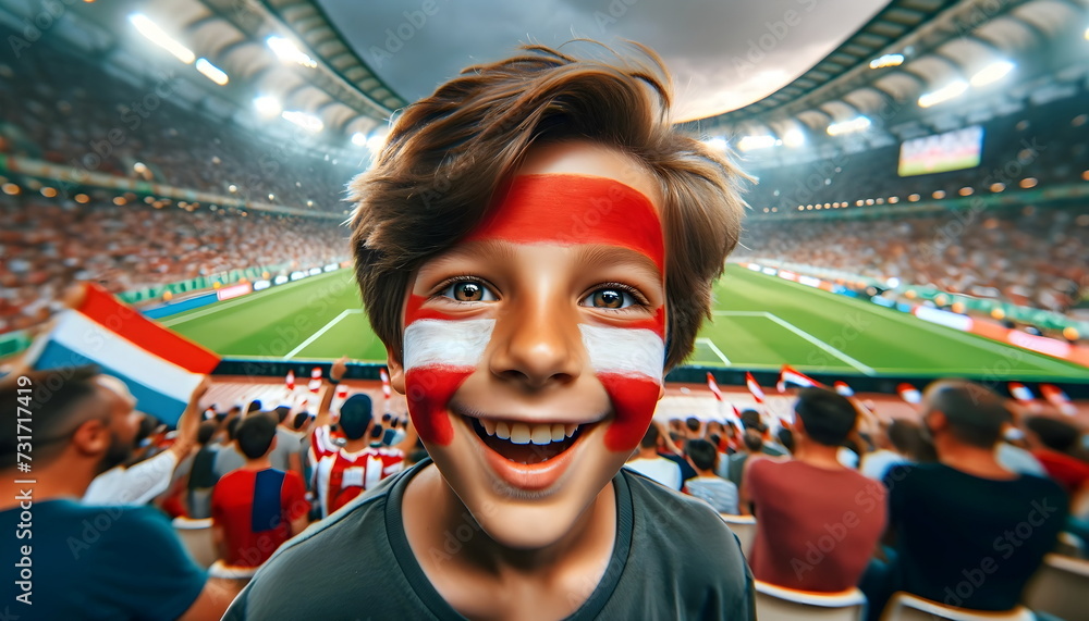 child boy soccer fun with painted face of flag Austria in football stadium - obrazy, fototapety, plakaty 
