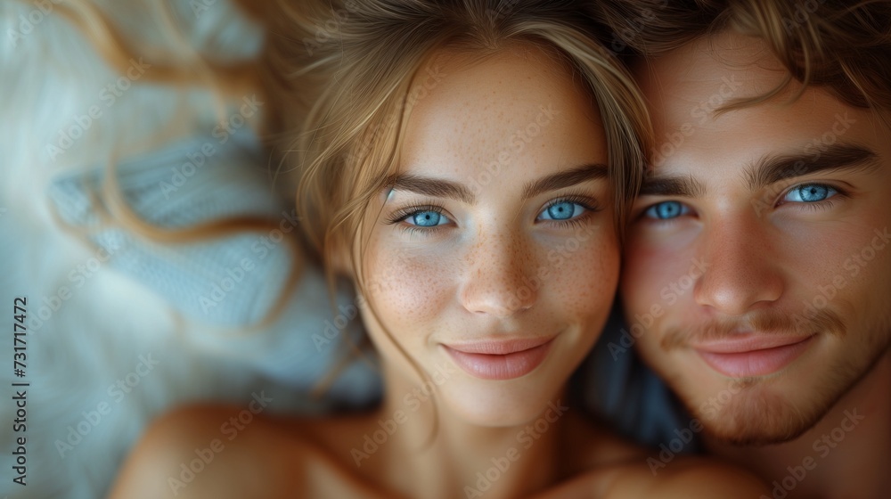 a man and woman laying down in bed next to each other a man and woman laying down in bed next to each other